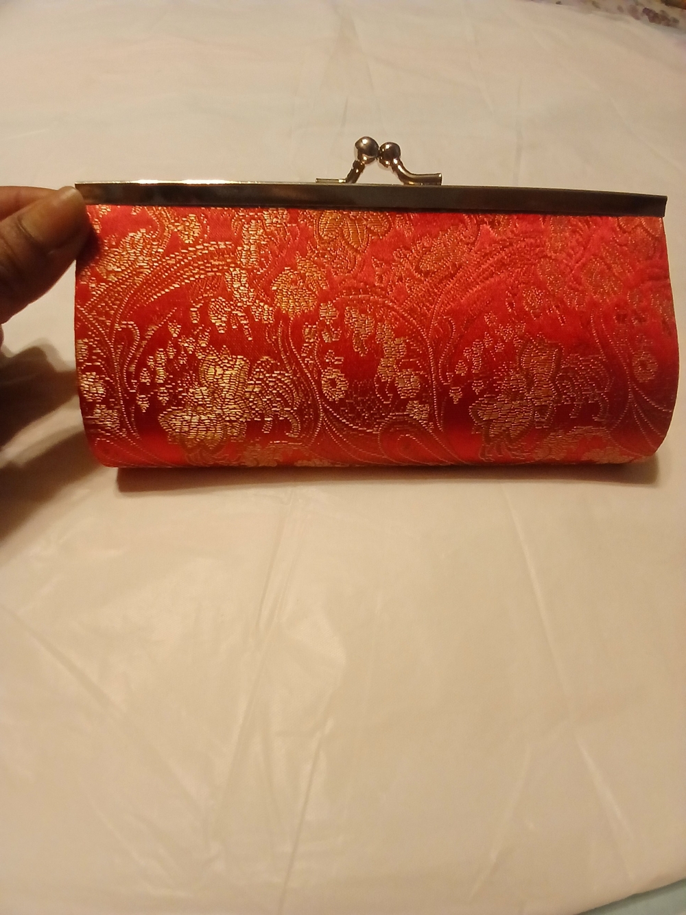 Red Brocade Clutch with Gold Floral Weave